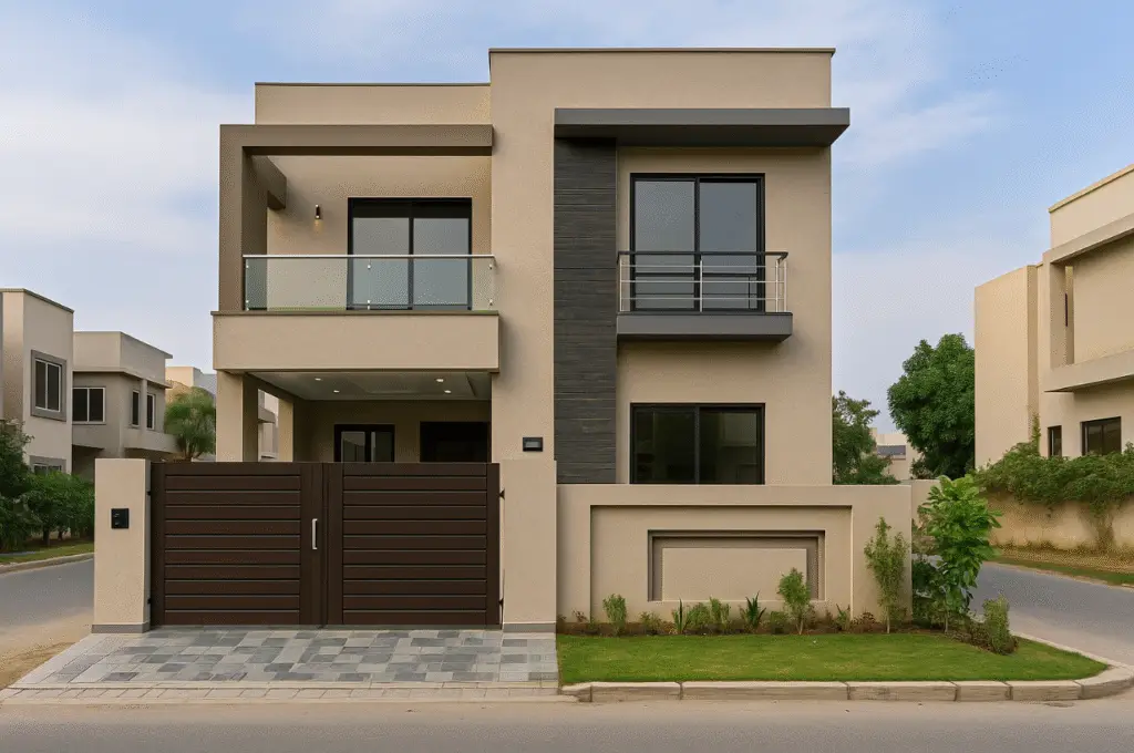 Contemporary residential home featuring glass balcony railings, clean architectural lines, and a landscaped front garden.