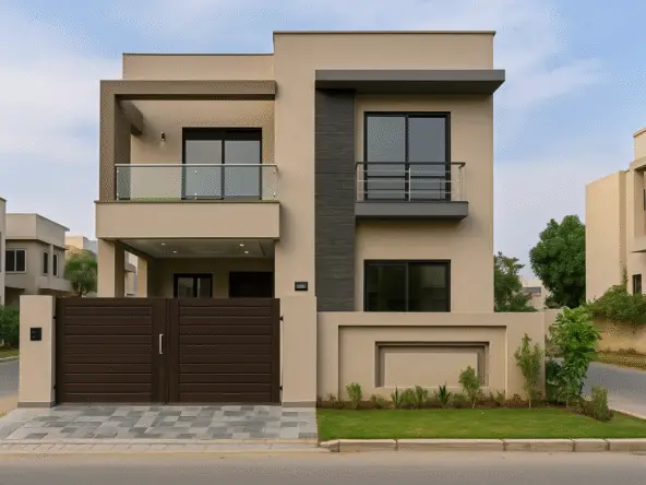 Contemporary residential home featuring glass balcony railings, clean architectural lines, and a landscaped front garden.