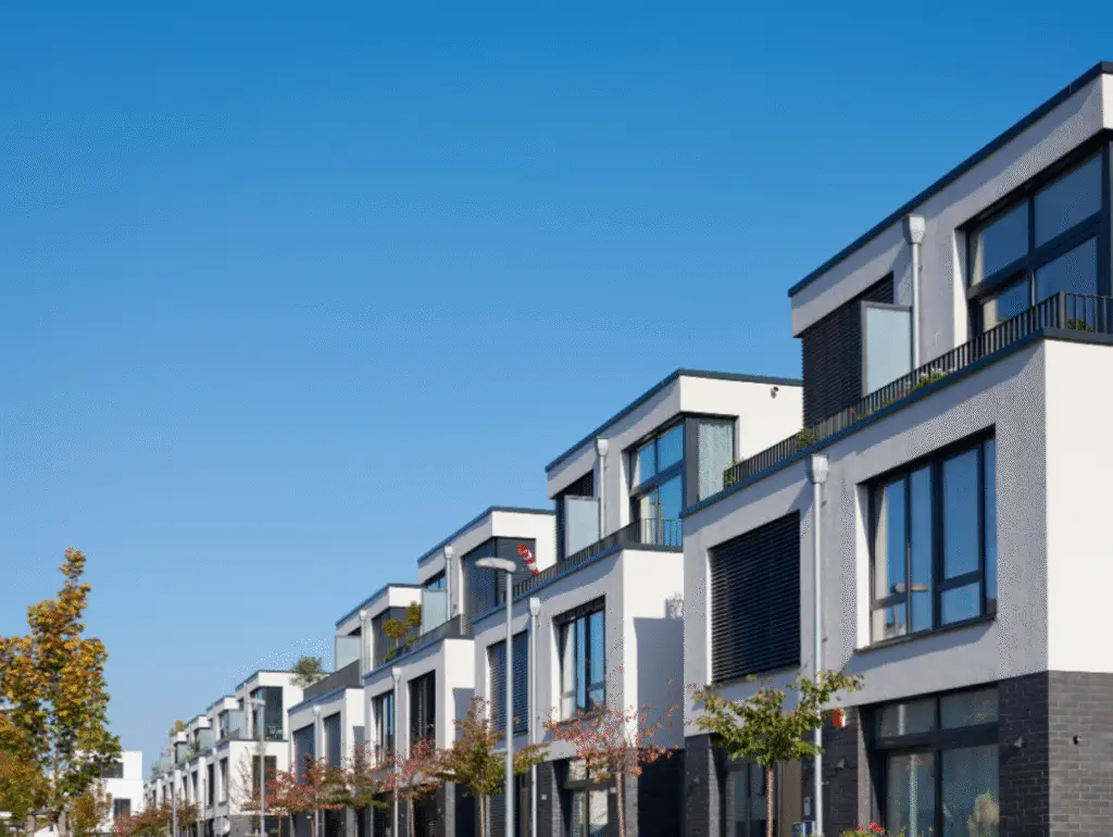 Row of modern townhouses with large windows and balconies under a clear blue sky.