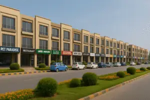Row of modern commercial shops with large glass windows and parked cars along a landscaped road.