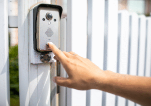 Close-up of a person's hand pressing the button on a silver video intercom or doorbell mounted on a white fence or gate.