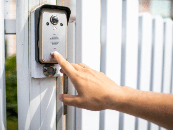 Close-up of a person's hand pressing the button on a silver video intercom or doorbell mounted on a white fence or gate.