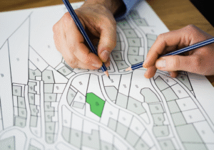 Architect planning housing layout with pencil on real estate map showing residential plots and development design.