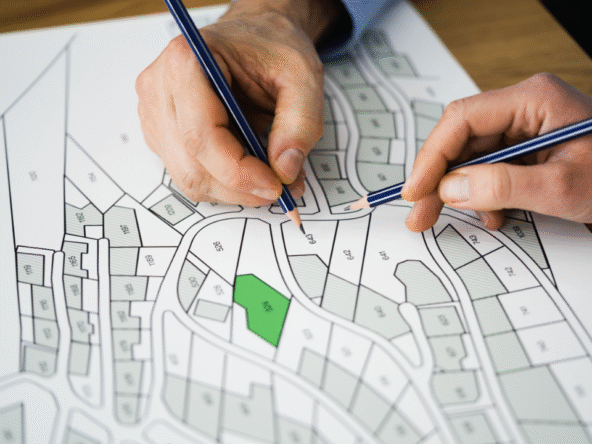 Architect planning housing layout with pencil on real estate map showing residential plots and development design.